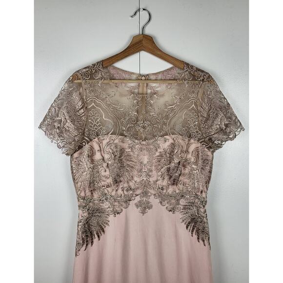 Marchesa Notte Silk Buckingham Sheath Mini Cocktail Dress Gold Metallic Lace 12 - Picture 6 of 12